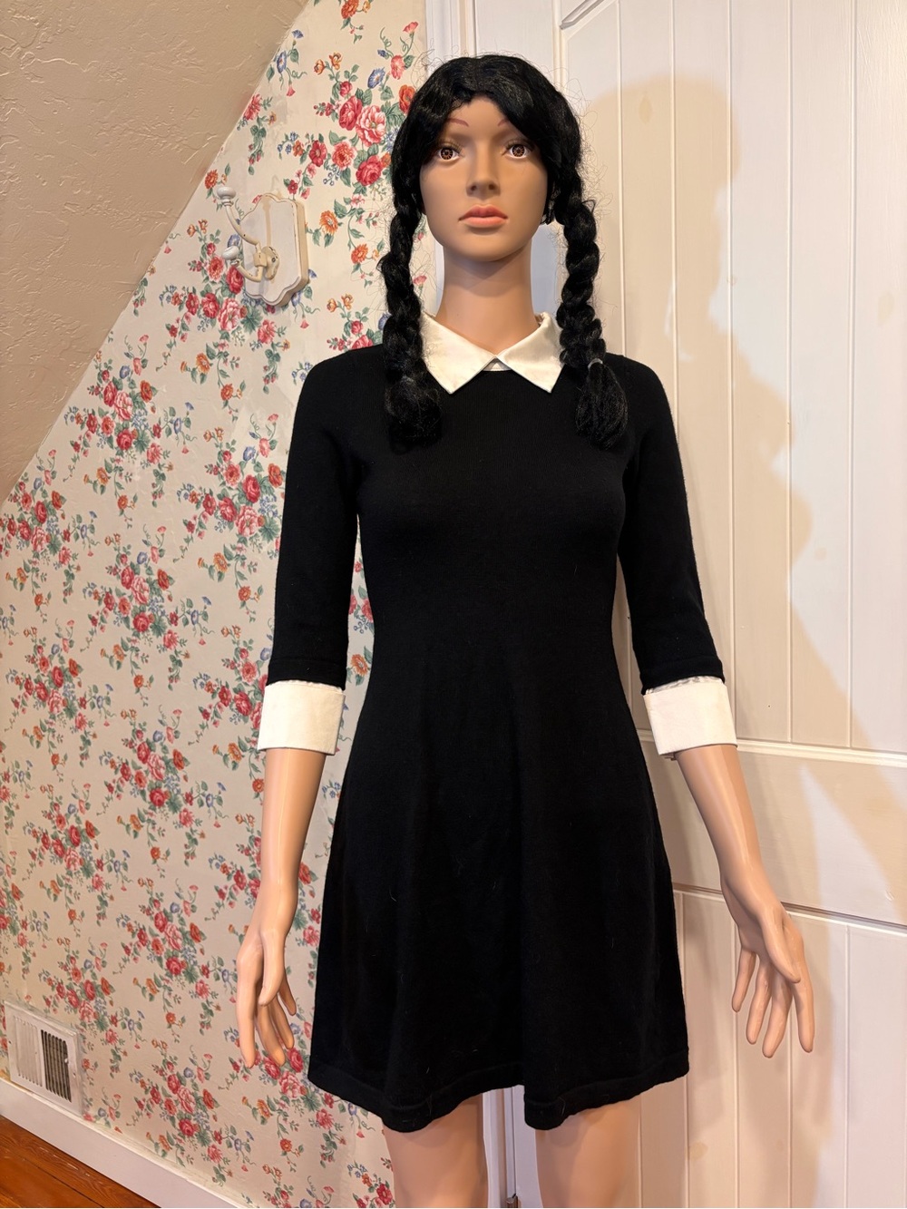 Tahari Merino Wool Wednesday Addams Black White Dress S